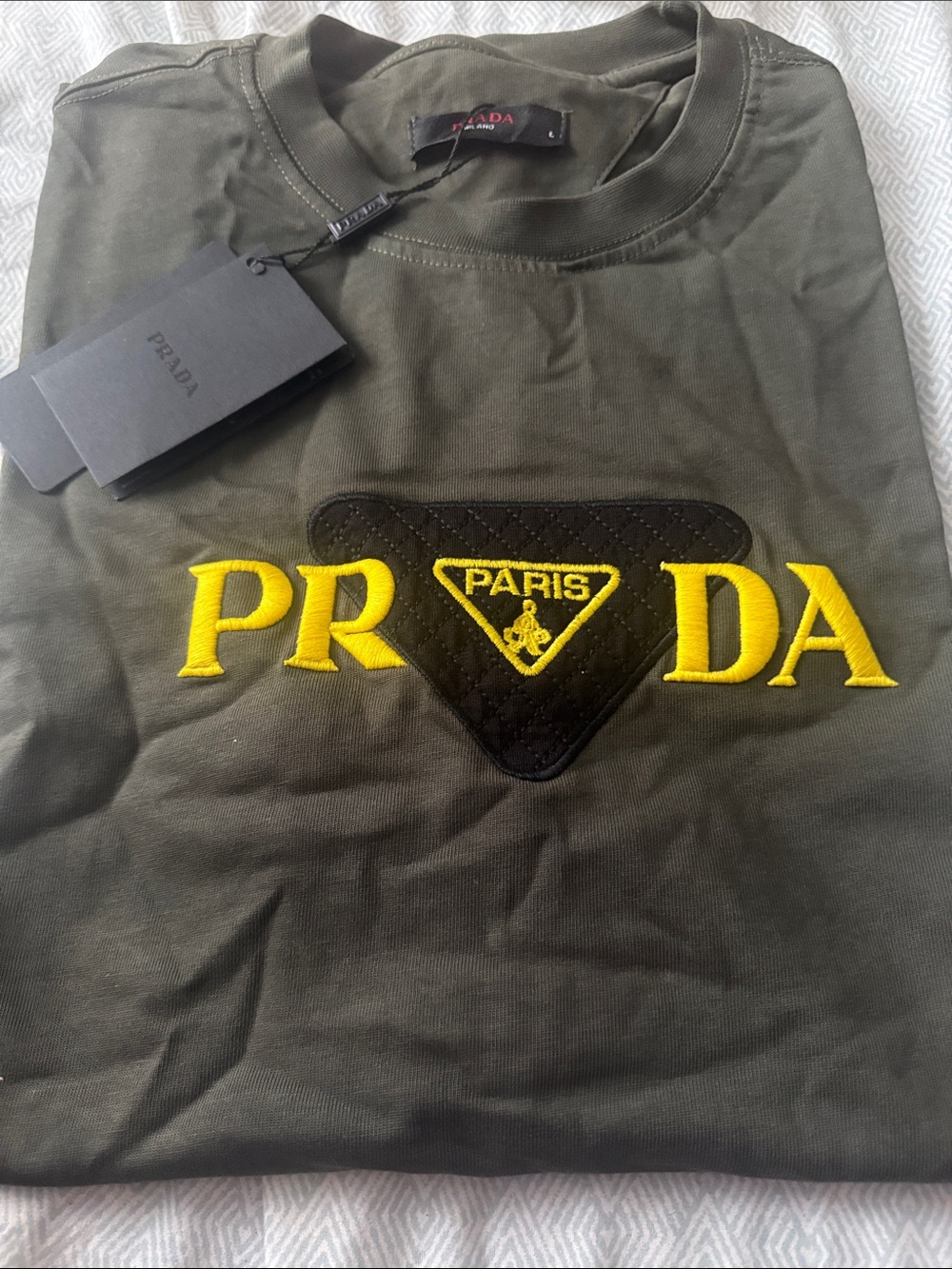 Prada Olive Green Crewneck with Yellow Logo Patch